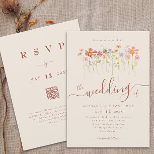 Wildflower Boho Fall Beige Terracotta QR code Invitation