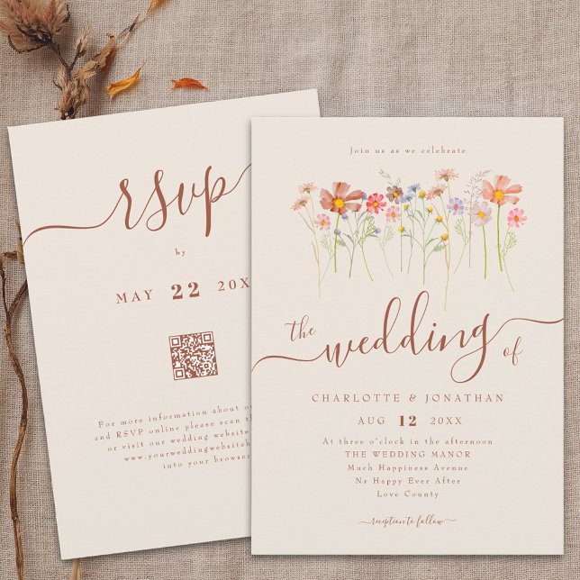 Wildflower Boho Fall Beige Terracotta QR code Invitation (Boho fall Wildflower floral beige terracotta Wedding qr code invitation Watercolor meadow flowers)