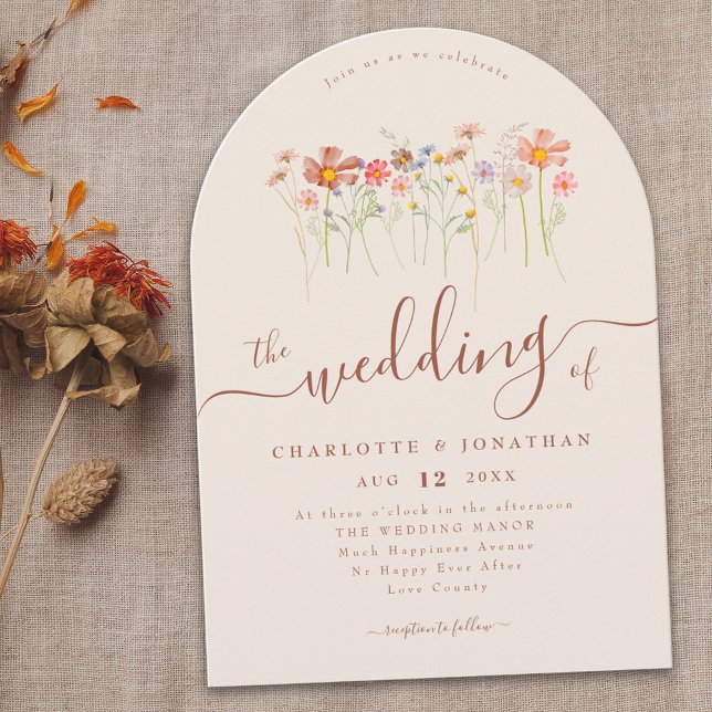 Wildflower Boho Fall Beige Terracotta Rust QR code Invitation (Wildflower meadow boho fall floral beige terracotta Wedding arch invitation elegant modern script )