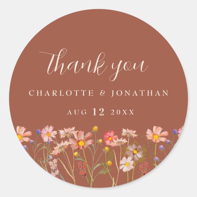 Wildflower Boho Fall Terracotta Thank You Wedding Classic Round Sticker (Front)