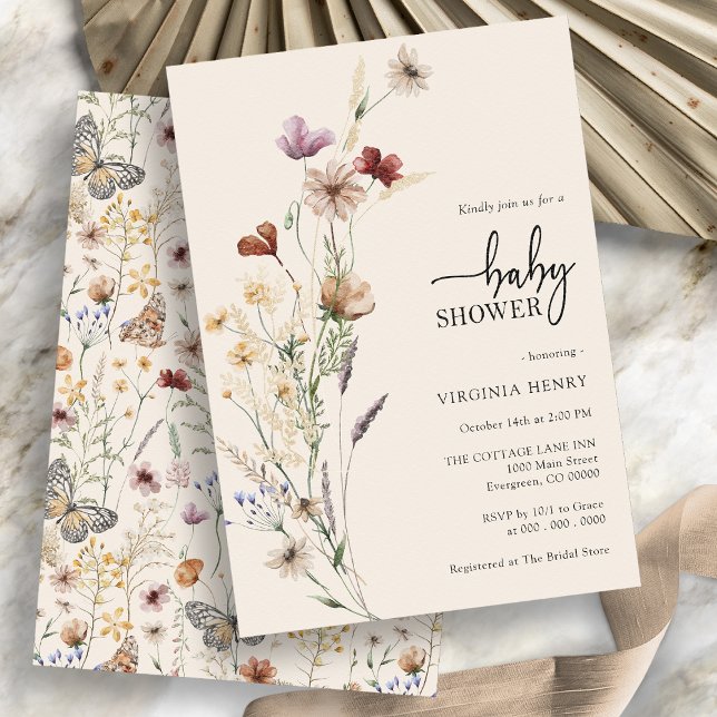 Wildflower Boho Floral Baby Shower Invitation (Boho Floral Wildflower Baby Shower Invitation with whimsical pattern on the back by Painted Paperie
)