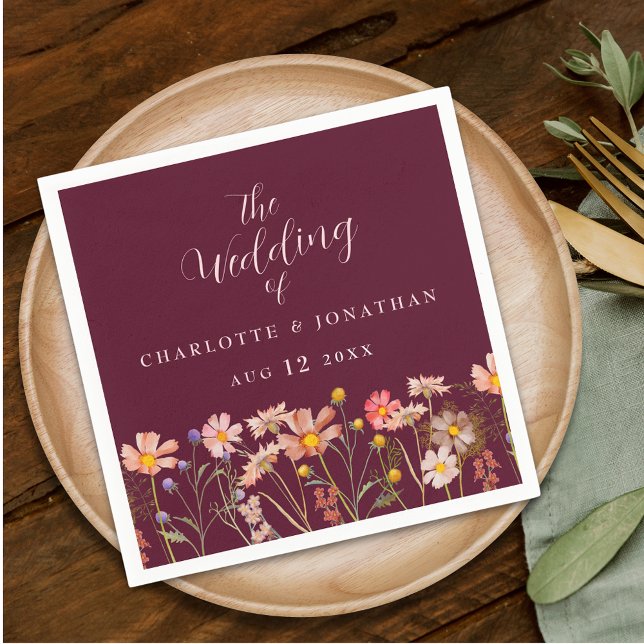 Wildflower Boho Floral Burgundy Blush Pink Wedding Napkin (Elegant Wildflower boho floral burgundy & blush pink Wedding napkins Watercolor garden meadow flower)