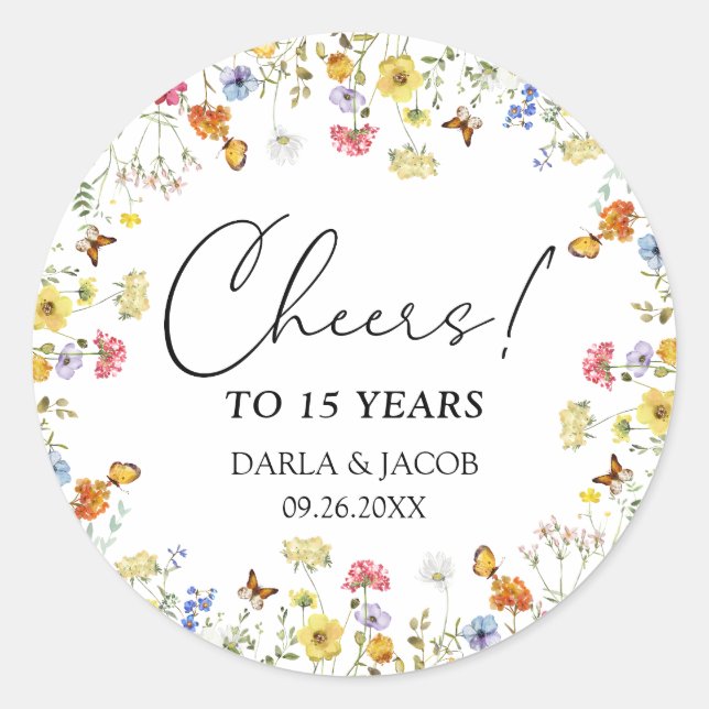 Wildflower Boho Floral Cheers Wedding Anniversary Classic Round Sticker (Front)
