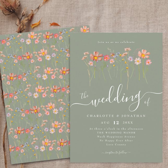 Wildflower Boho Floral Fall Sage Green Invitation (Boho fall Wildflower floral sage green Wedding invitation Watercolor flower meadow Elegant script)