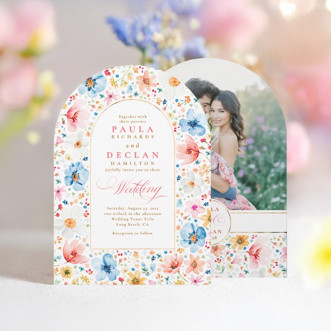 Wildflower Boho Floral Garden Wedding Arch Photo Invitation (Wildflower Wedding Photo Invitation)