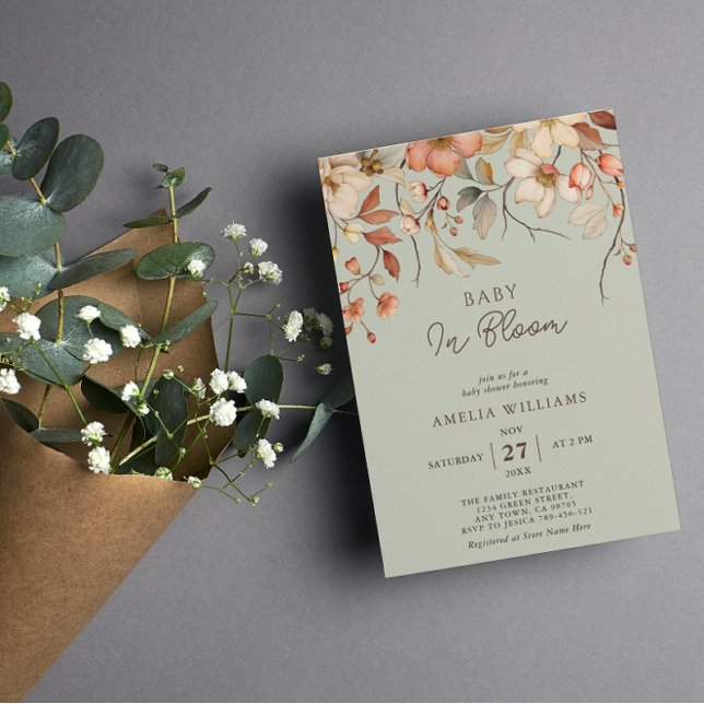 Wildflower Boho Floral Sage Green Baby in Bloom Invitation (Creator Uploaded)