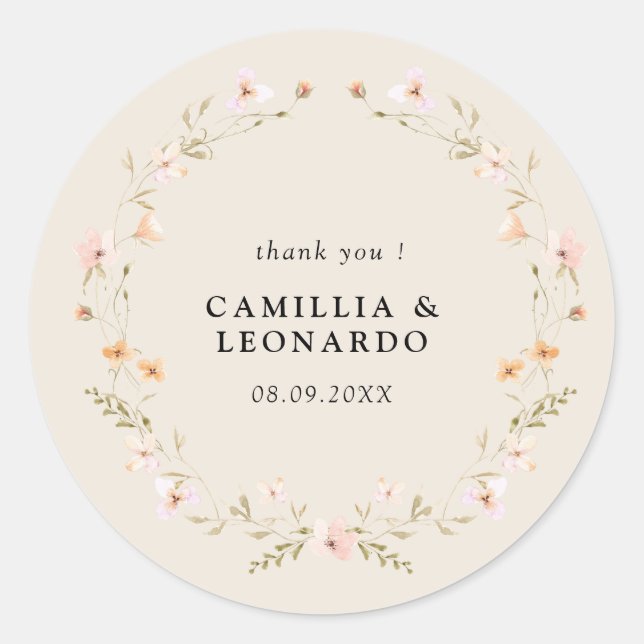 Wildflower Boho Floral Wedding Classic Round Sticker (Front)