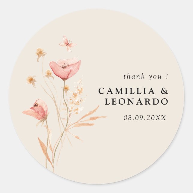 Wildflower Boho Floral Wedding Classic Round Sticker (Front)