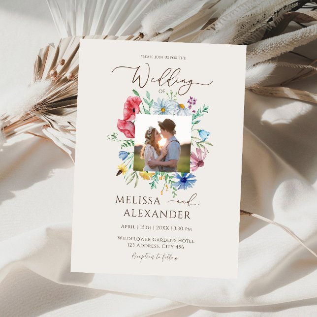 Wildflower boho garden floral photo beige wedding invitation (Creator Uploaded)