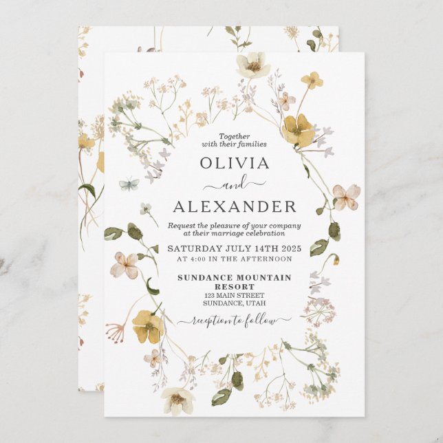 Wildflower boho garden floral wedding Invitation (Front/Back)