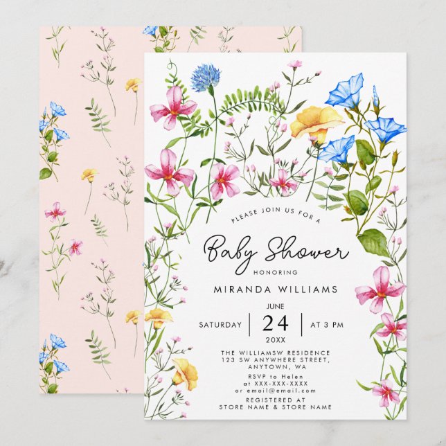 Wildflower Boho Girl Baby Shower Watercolor Invitation (Front/Back)