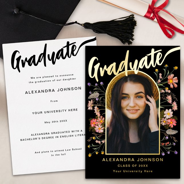 Wildflower Boho Graduate Photo Elegant Script Gold (Boho floral arch graduate photo black and gold foil calligraphy graduation announcement card)