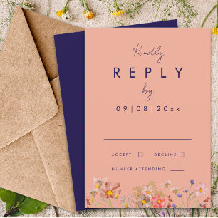 Wildflower Boho Navy Peach Fall Wedding Reply RSVP Card