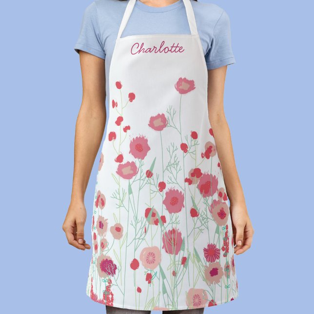 Wildflower Boho Personalised Apron (Personalized custom name wildflower art pink, sage green and white apron)