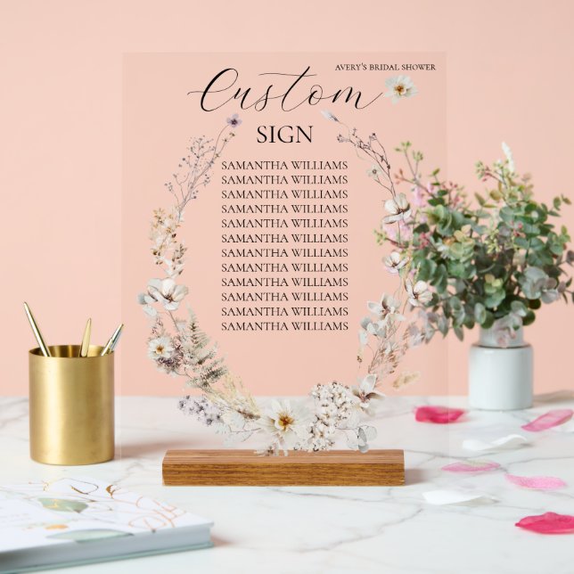 Wildflower Boho Rustic Elegant Bridal Shower Acrylic Sign (Wedding)
