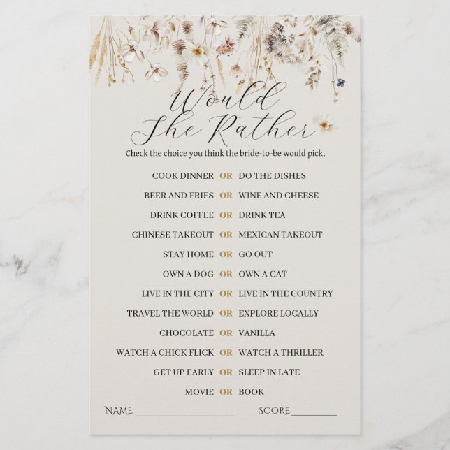 Wildflower Boho Rustic Elegant Bridal Shower Game  (Front)