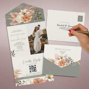 Wildflower Boho Sage Green Wedding All In One Invitation