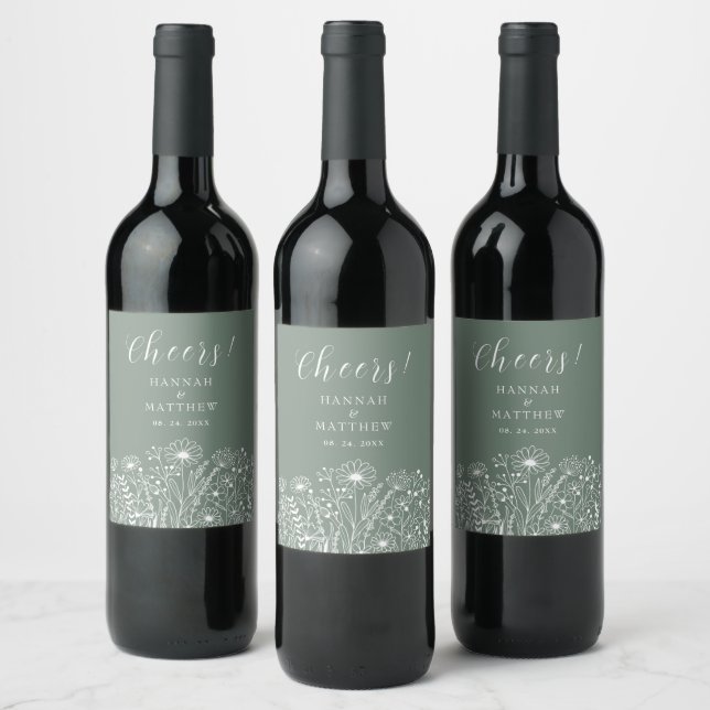 Wildflower Boho Sage Green Wedding Wine Label