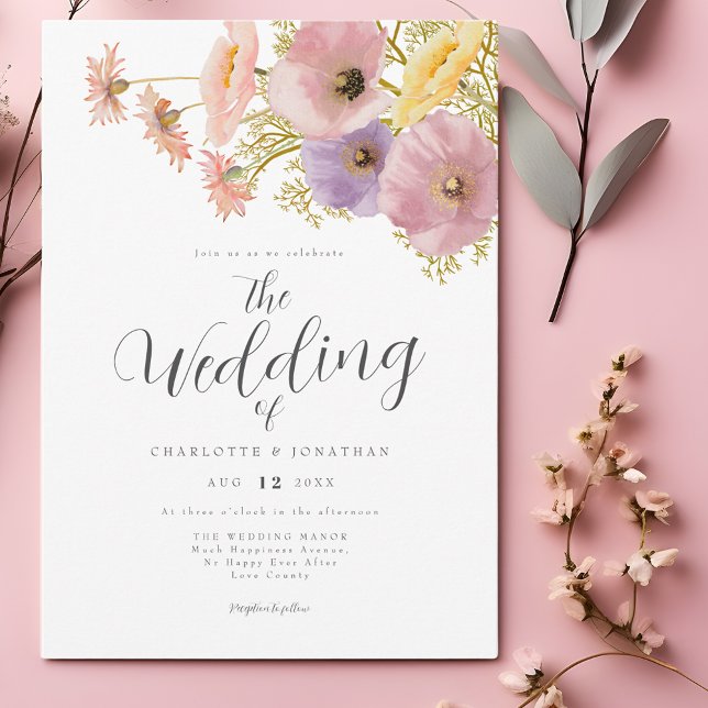 Wildflower Boho Spring Wedding Invitation (Elegant watercolor floral script pastel pink purple yellow peach spring wedding invitation )