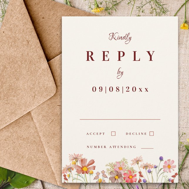 Wildflower boho Terracotta Fall Wedding Reply RSVP Card (Wildflower boho terracotta burnt orange fall wedding rsvp enclosure card)