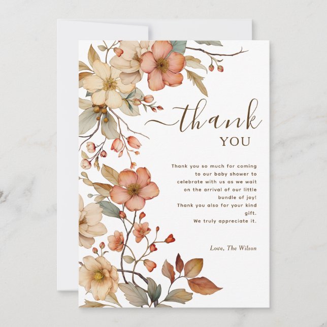Wildflower Boho Watercolor Baby Shower Thank You Invitation (Front)