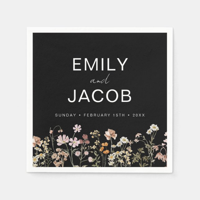 Wildflower Boho Wedding In Bloom Black Napkin (Front)