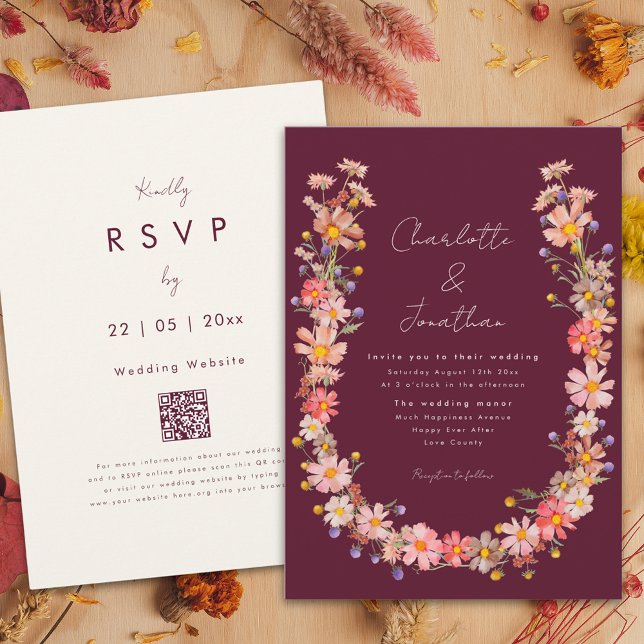 Wildflower Boho Wreath Burgundy Fall Wedding Invitation (Wildflower boho wreath romantic burgundy fall wedding invitation )