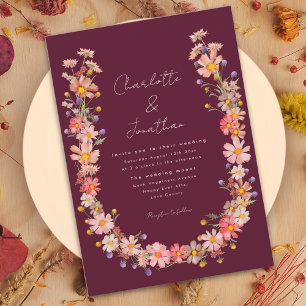 Wildflower Boho Wreath Burgundy Fall Wedding Invitation
