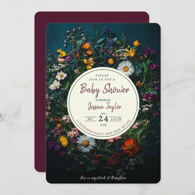 Wildflower Boho Wreath Circle Baby Shower Invitation (Front/Back)