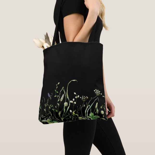 Wildflower Border On Black Tote Bag (Close Up)