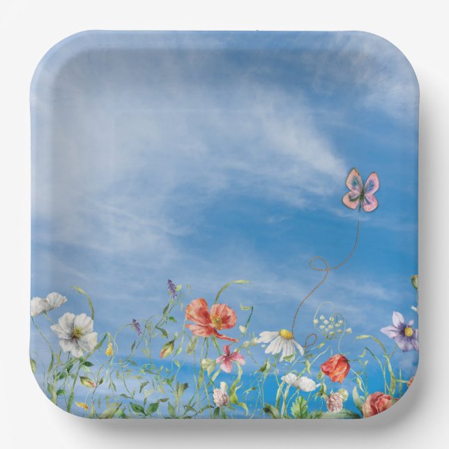 Wildflower Border On Summer Sky Paper Plate (Front)