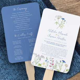 Wildflower botanic blue watercolor wedding program hand fan