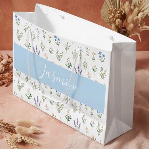 Wildflower Botanical Blue Lavender Monogram Name Large Gift Bag