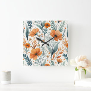 Wildflower Botanical Boho Floral Watercolor Square Wall Clock