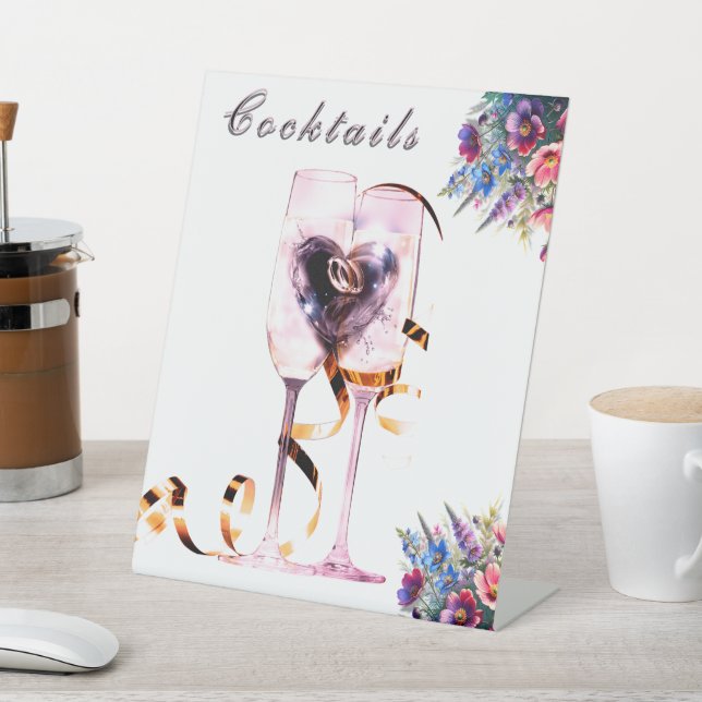 Wildflower Botanical Cocktails Wedding Tabletop Pedestal Sign (In SItu)