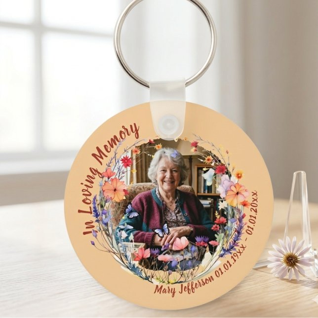 Wildflower Botanical Memorial Photo Keychain (Vibrant wildflower photo keychain for a grieving family at a spring celebration of life.)