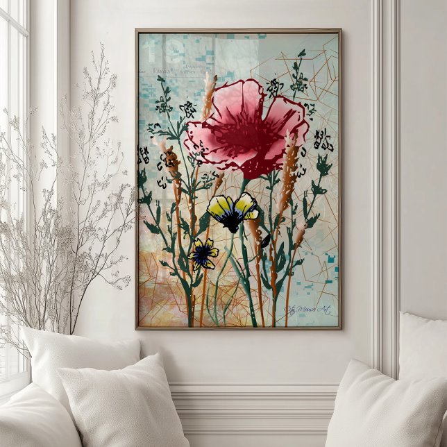 Wildflower Botanical Wall Art Print (Large botanical wildflower art print featuring expressive florals in soft watercolor and ink.)