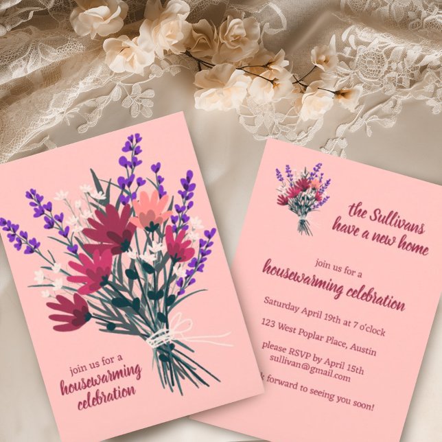 Wildflower Bouquet Cute New Home Housewarming  Invitation (Sweet custom housewarming party invitations with hand made wildflower bouquet. Digital also availabl)