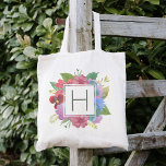 Wildflower Bouquet Monogram Tote Bag<br><div class="desc">Spring chic tote bag features a bouquet of wildflowers in vibrant watercolors,  with your single initial monogram in the centre in coordinating dark green.</div>