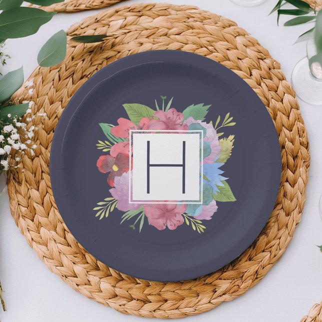 Wildflower Bouquet Navy Monogram Paper Plate (Creator Uploaded)