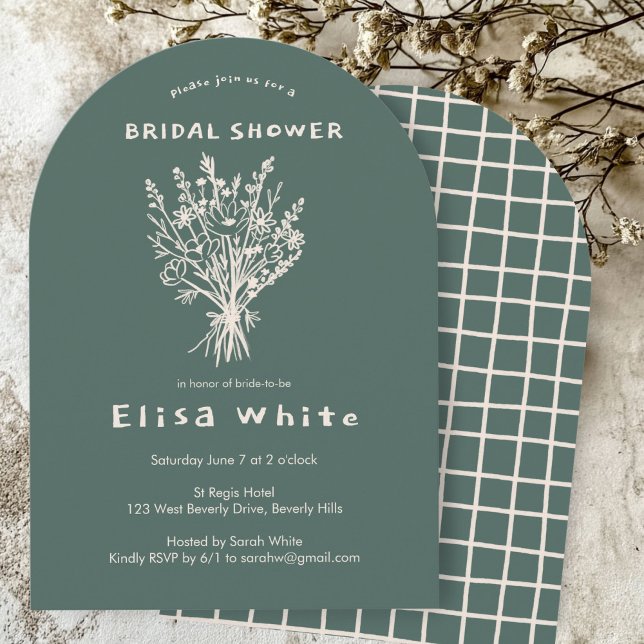 Wildflower Bouquet Rustic Arch Whimsical Shower  Invitation (Wildflower Bouquet Rustic Arch Olive Green Neutrals Hand-drawn Whimsical Shower Invitation
)