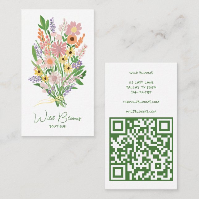Wildflower Bouquet Rustic Handmade Floral QR Code Business Card (Front/Back)