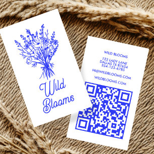 Wildflower Bouquet Rustic Minimal Floral Blue QR Business Card