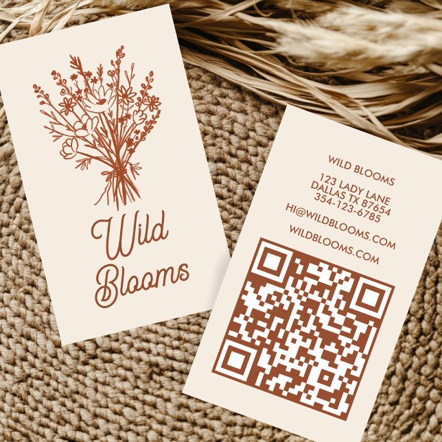 Wildflower Bouquet Rustic Minimal Floral Brown QR  Business Card (Wildflower Bouquet Rustic Minimal Floral Brown Terracotta Custom QR Code Business Card
)
