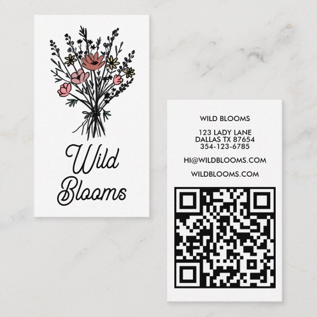 Wildflower Bouquet Rustic Minimal Floral QR code  Business Card (Front/Back)