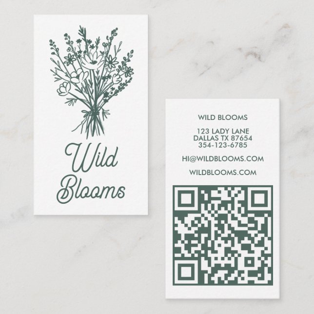 Wildflower Bouquet Rustic Minimal Floral Sage QR  Business Card (Front/Back)