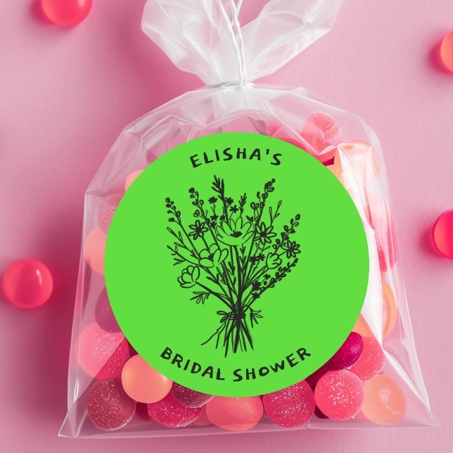 Wildflower Bouquet Rustic Whimsical Bridal Shower  Classic Round Sticker (Wildflower Bouquet Rustic Whimsical Bridal Shower Classic Round Sticker
Brat Lime Green)