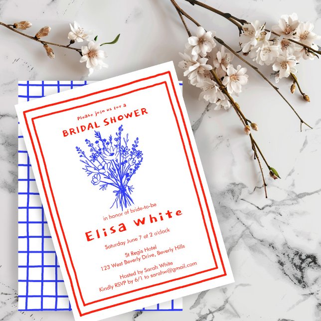 Wildflower Bouquet Rustic Whimsical Bridal Shower  Invitation (Wildflower Bouquet Rustic Whimsical Bridal Shower Invitation red Blue Chic)