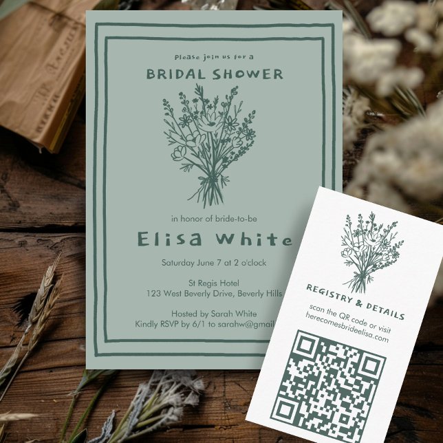 Wildflower Bouquet Rustic Whimsical Bridal Shower Invitation (Wildflower Bouquet Rustic Whimsical Custom Green Bridal Shower Invitation Sketch Cute )