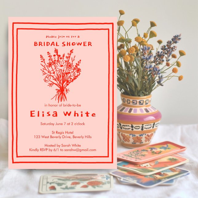 Wildflower Bouquet Rustic Whimsical Bridal Shower  Invitation (Wildflower Bouquet Rustic Whimsical Bridal Shower Invitation Red Pink Sketch Doodle Floral Charming)